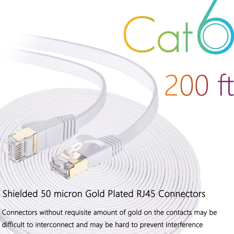 Comtelek Flat Cat6 Ethernet Cable 200 Ft with Cable Clips, cat 6 Ethernet Rj45 Patch Cable, Slim Network Cable, Thin Internet Computer Cable - 200 Feet White(60 Meters)â€¦ - Image 2